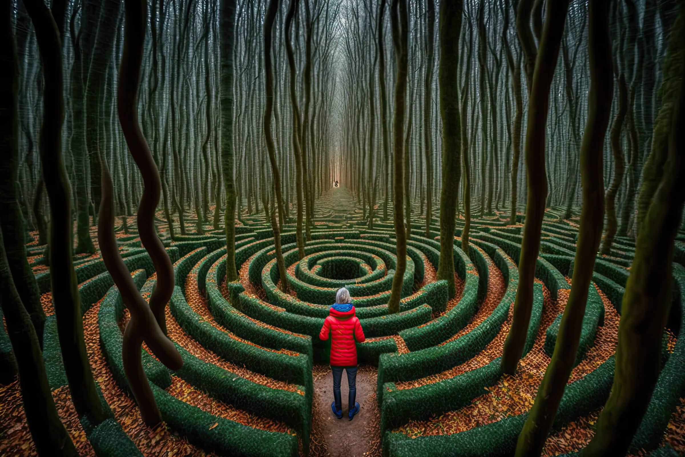 Person is looking for way out of psychedelic maze. A surreal labyrinth in magical forest. Human consciousness is at dead end, searching for solutions. Created with Generative AI