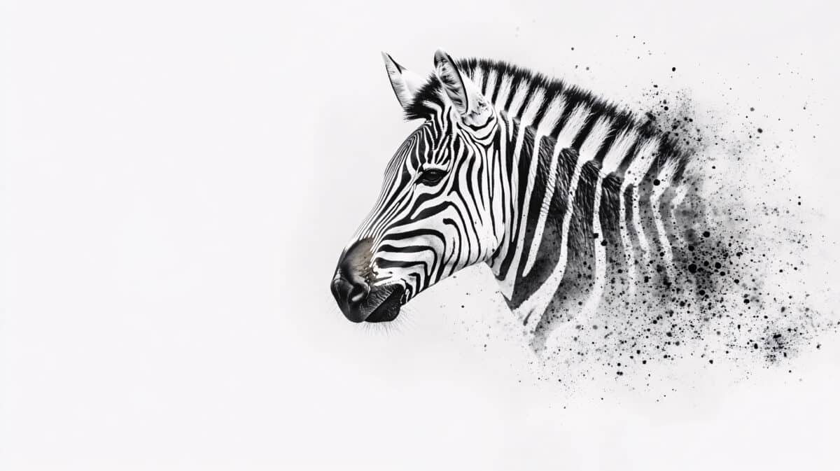A zebra's head appears to dissolve into scattered particles against a white background creating a surreal and artistic effect of transformation and motion