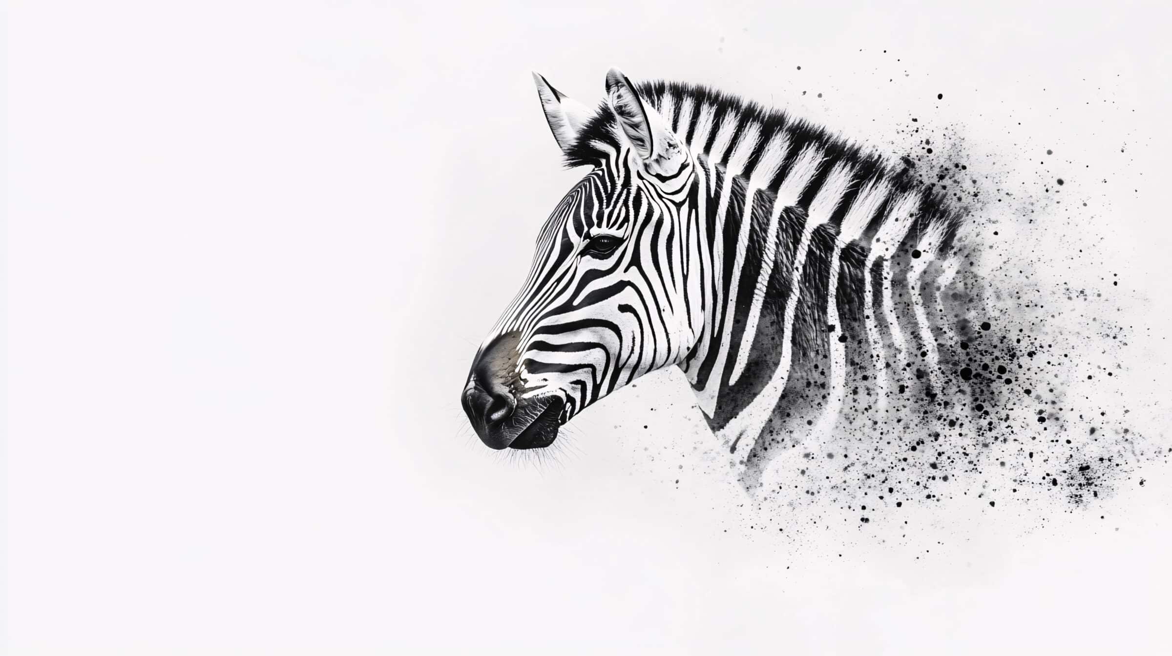 A zebra's head appears to dissolve into scattered particles against a white background creating a surreal and artistic effect of transformation and motion