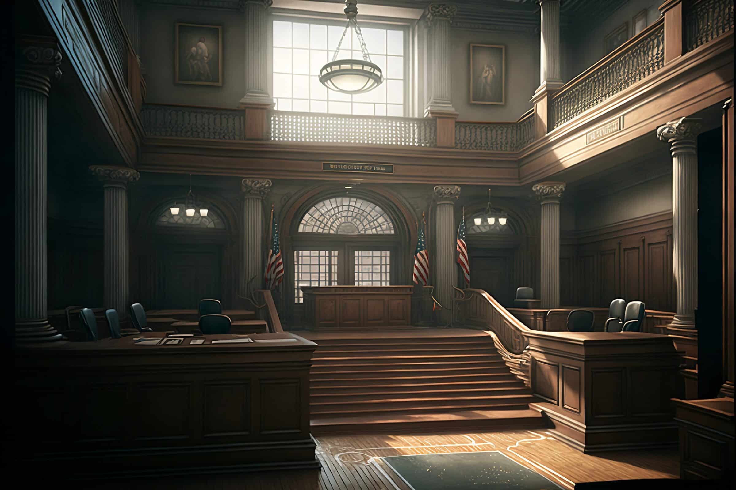 Classic American Courtoom, Illustration, dramatic lighting