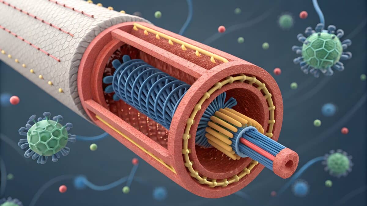 Exploded 3D visualization of a bacterial flagellum motor — molecular rotor proteins, membrane layers, proton flow illustrated