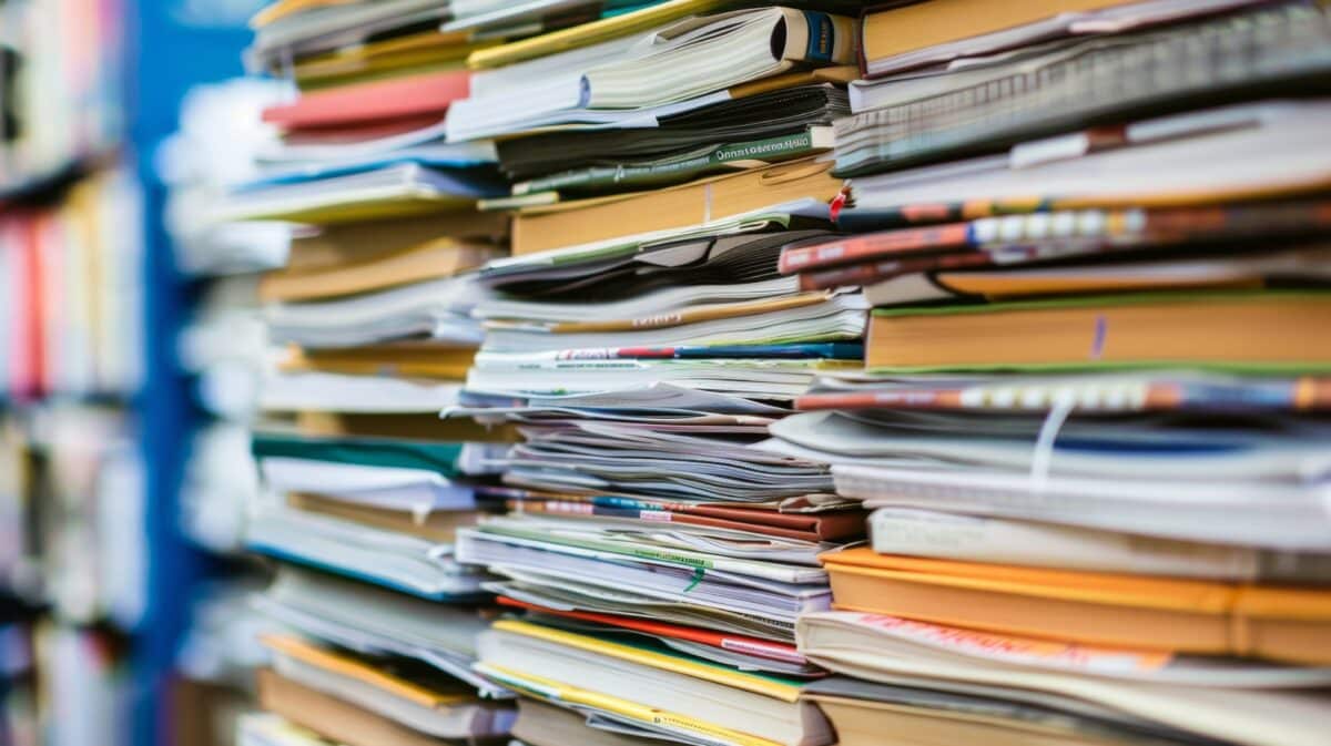 Stack of educational journals and research articles High quality images
