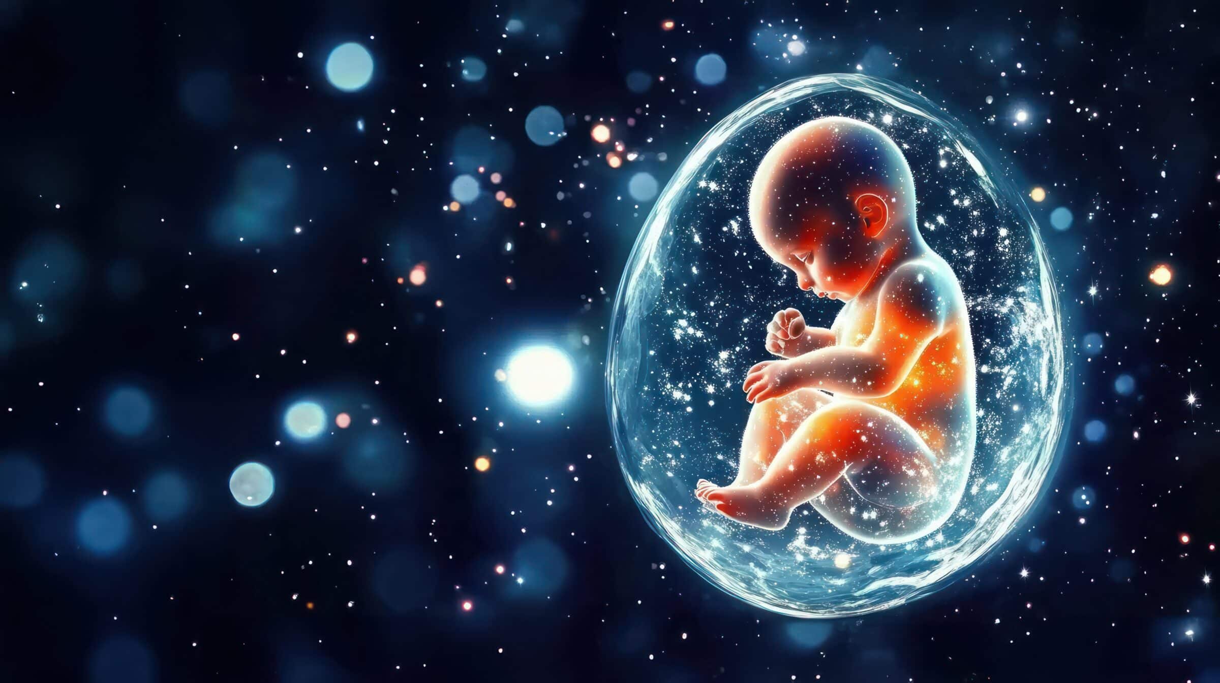 Human embryo shaped like an adorable baby floating among stars and cosmic dust, symbolizing fetus development, womb, gestation, amniotic life, and pregnancy in the universe