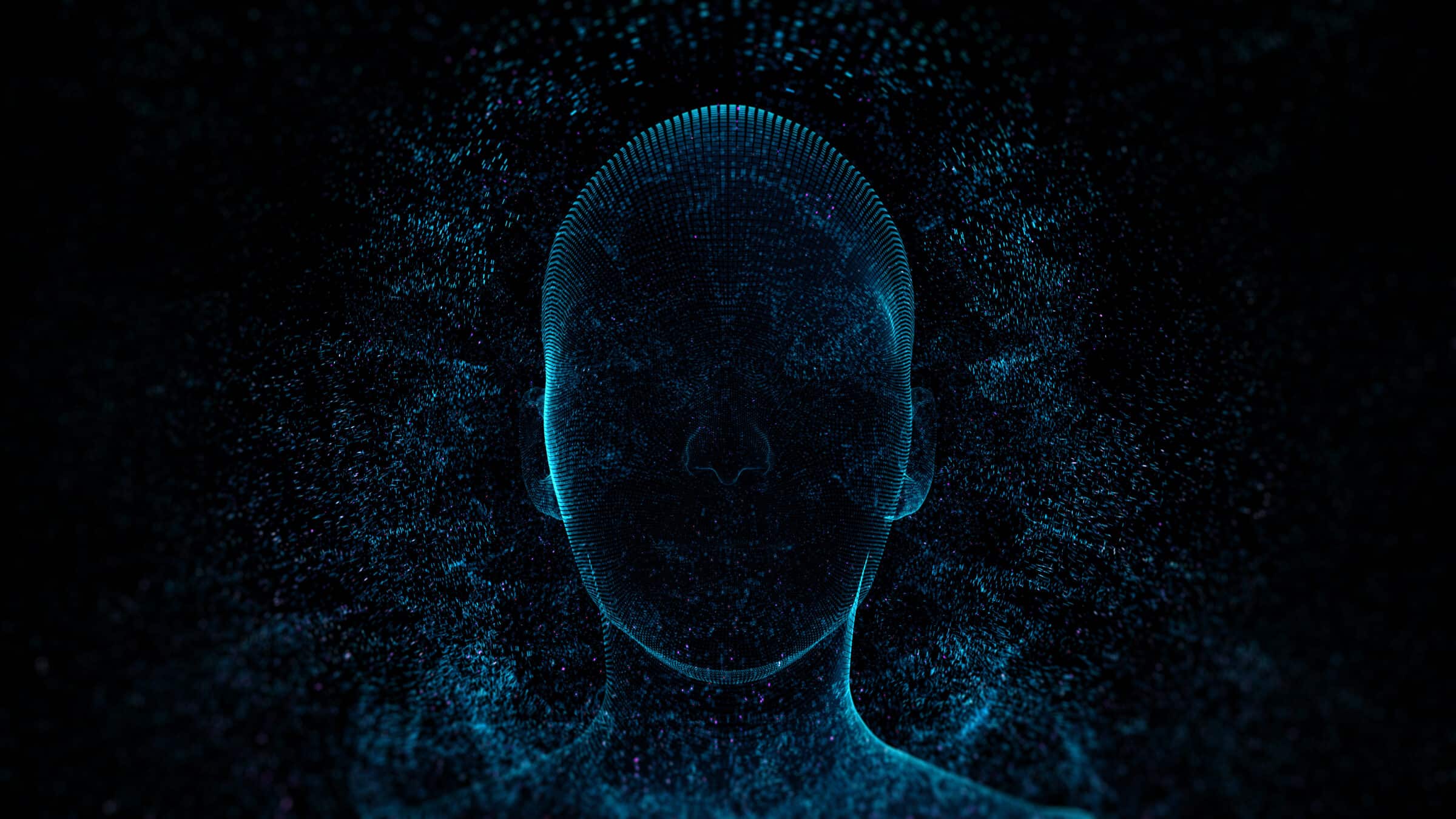 3d render of abstract face in digital cyberspace with a lot of particles around. Technology concept of facial recognition.