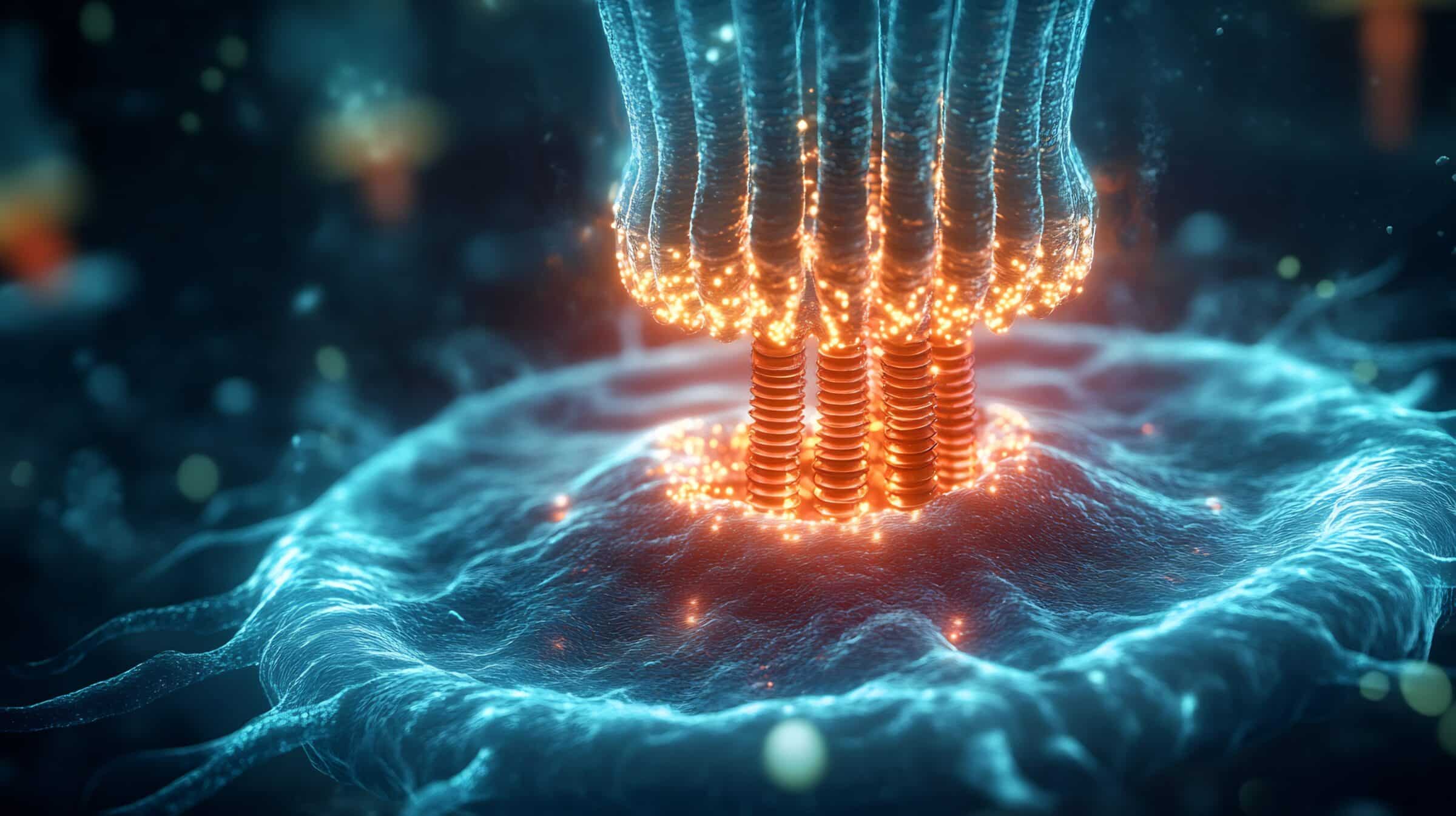 Glowing flagellar motor at the base of a bacterial flagellum visualizing the rotary motion and its energy source