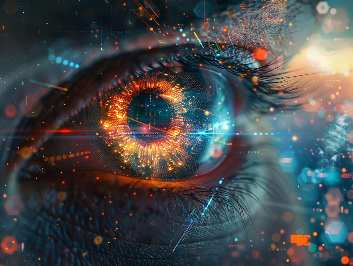 Capture the essence of collective consciousness through digital connectivity by visualizing it in a dynamic and visually striking manner from a worms-eye view Create a design that symbolizes