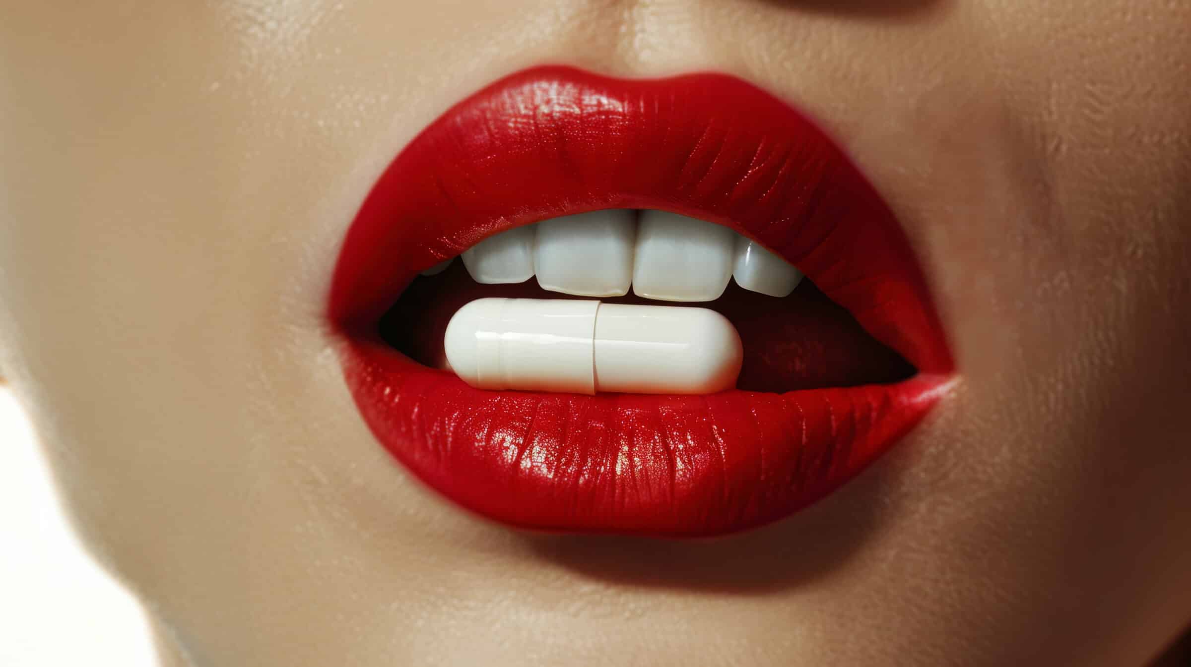 Close up of mouth and red lips swallowing white capsule medecine pill