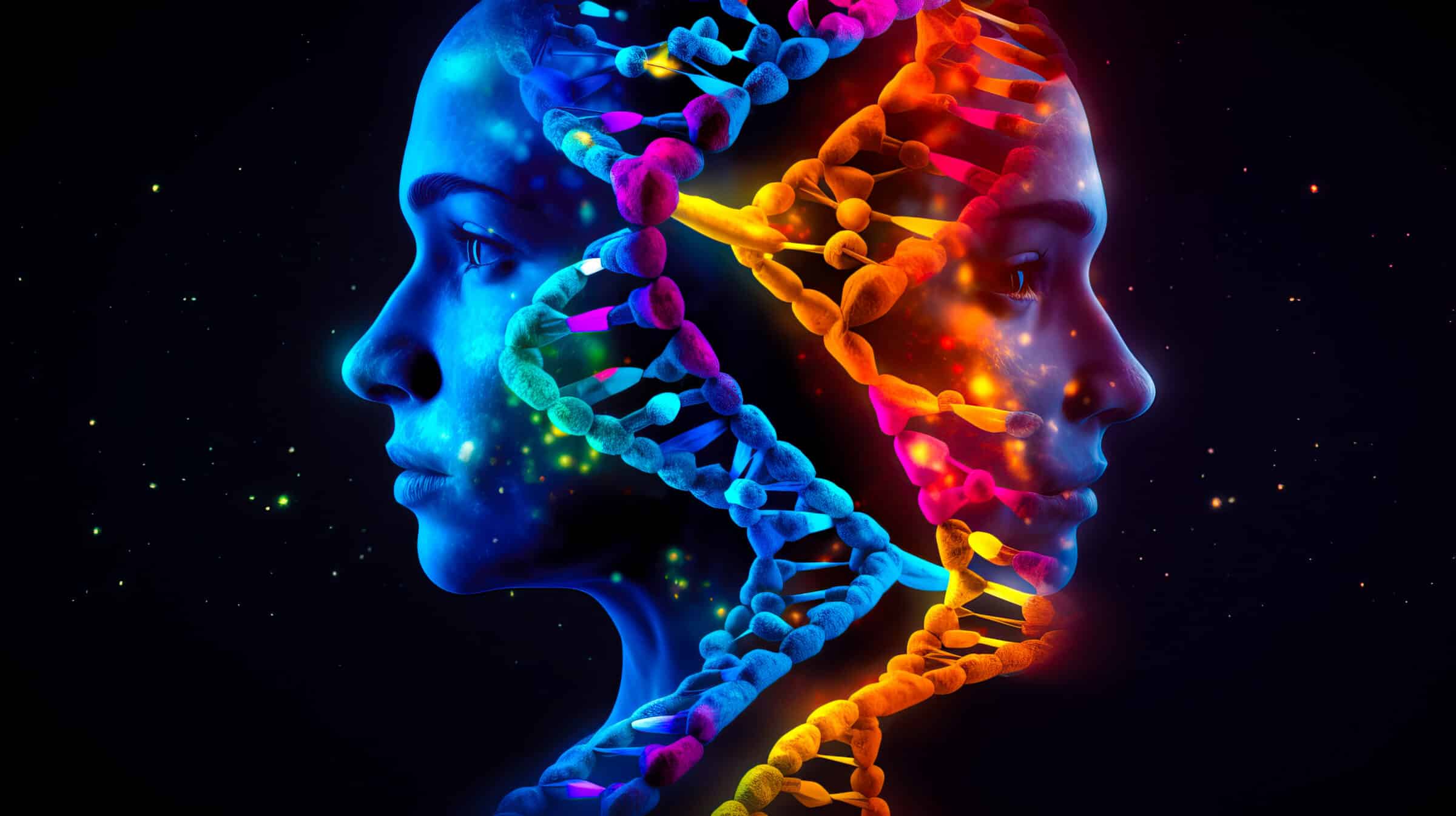 Concept of biochemistry with dna molecule, Human face, DNA on dark background. Ai generated