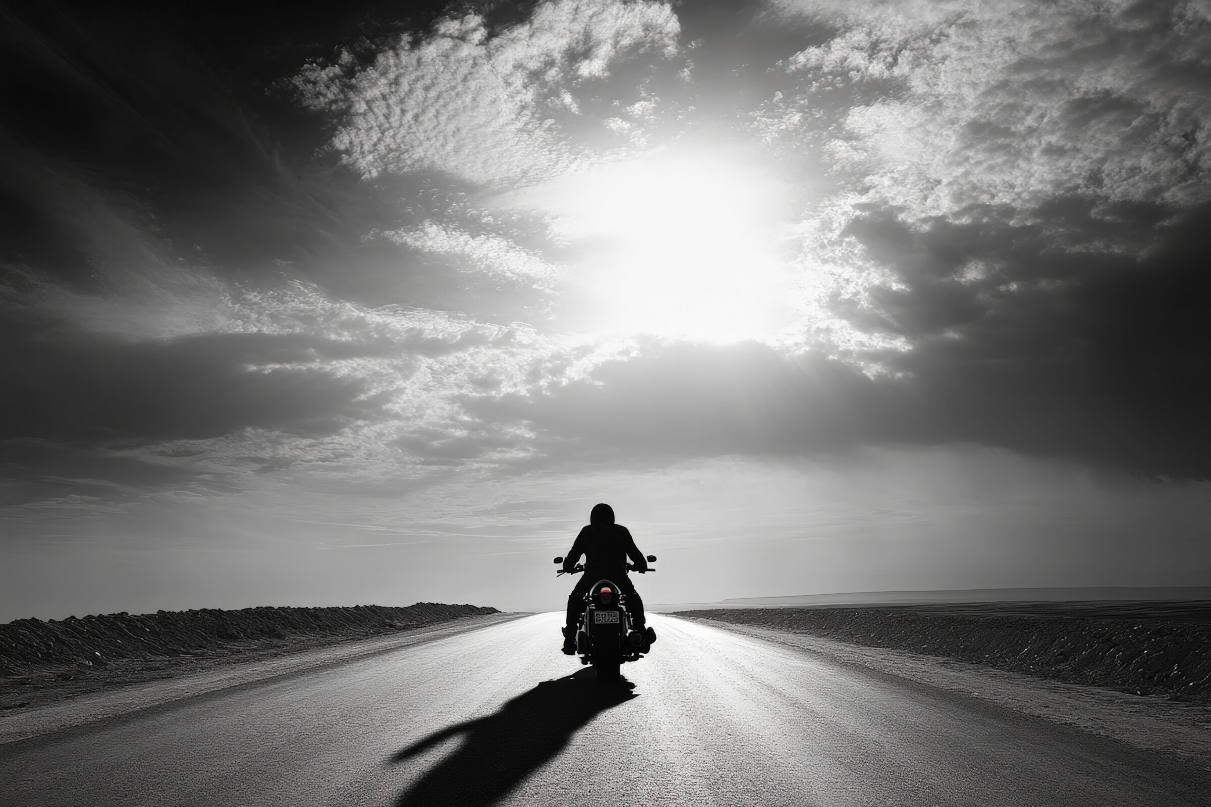 Lone motorcyclist riding on an open road in a black and white landscape