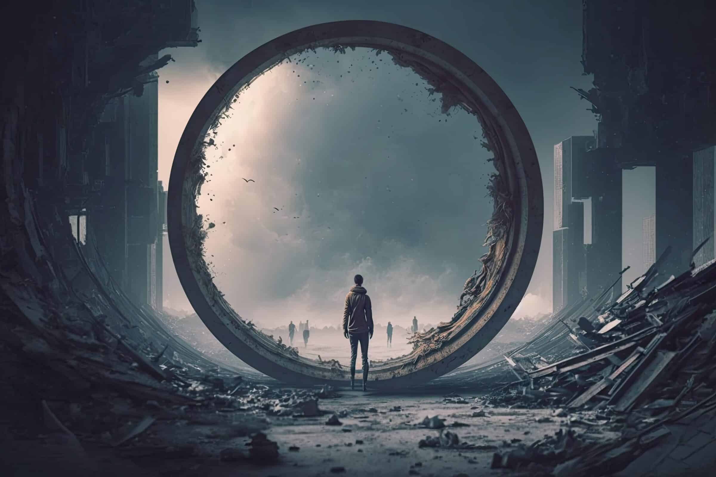 Out of the Loop. Abstract illustration. Man stands in a post-apocalyptic wasteland city near a giant concrete circle portal.