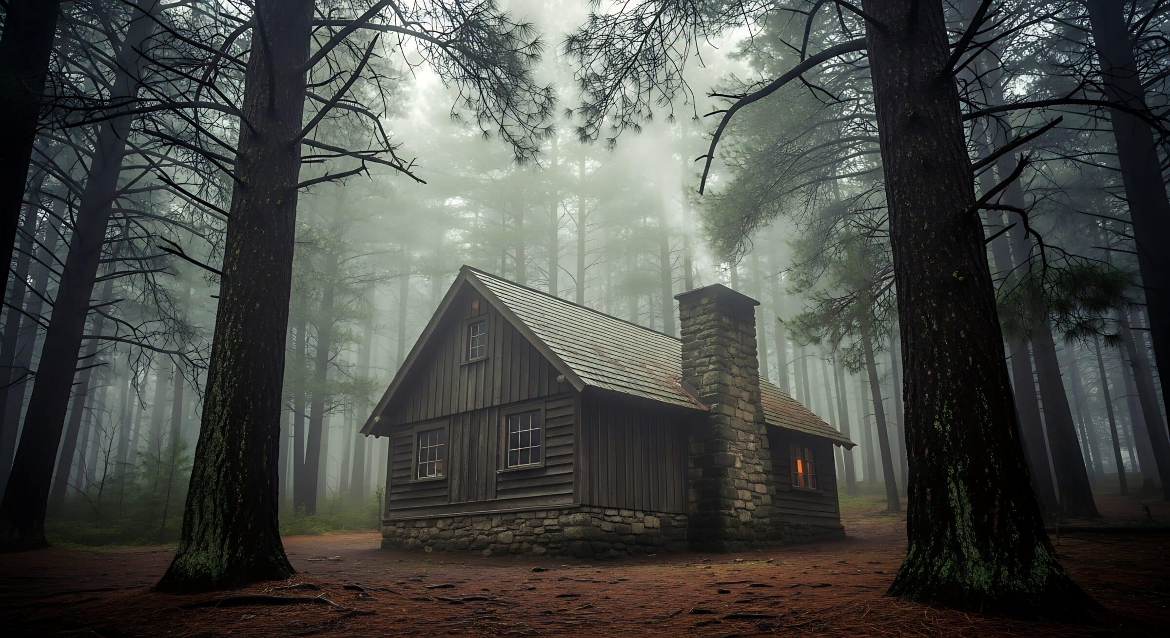 Abandoned cabin in dark forest.