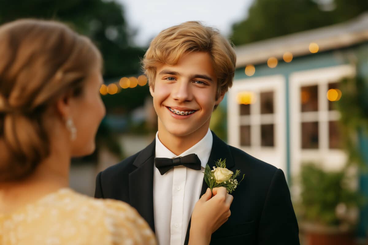 Teen Caucasian boy smiling with braces and wearing tuxedo for high school prom