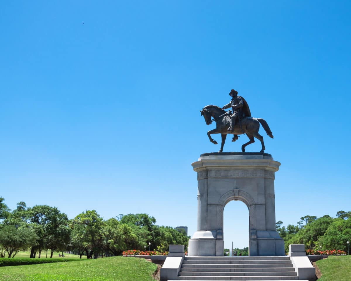 The statue of Sam Houston in Hermann Park, downtown of Houston, Texas, US. He was American politician and soldier, best known for role in bringing Texas into the United States as a constituent state.