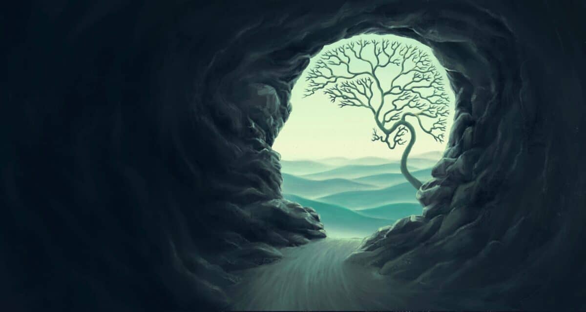 Tree brain with human head cave, idea concept of think hope freedom and mind , surreal artwork, dream art , fantasy landscape, imagination of nature