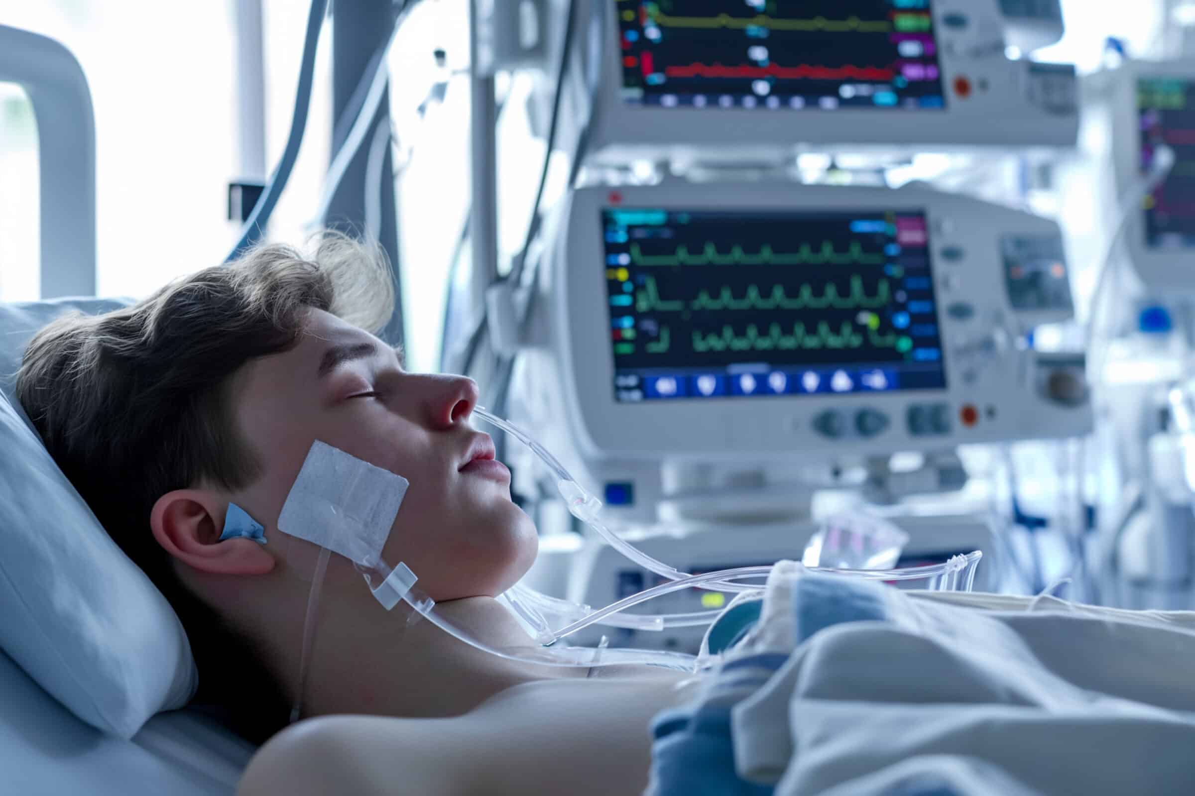 young man lies in a coma in a hospital ward, connected to life support equipment, monitors