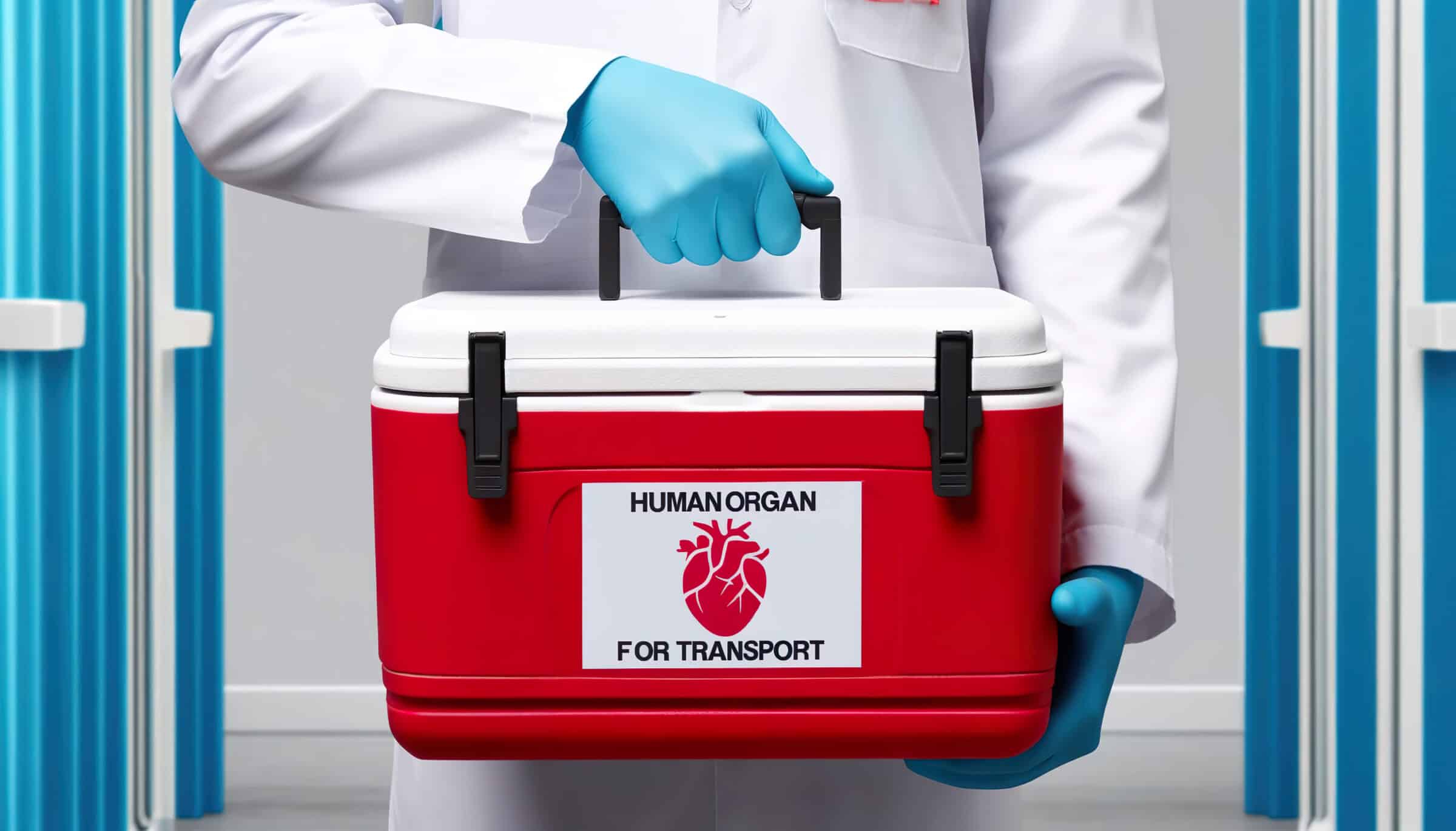 Doctor carrying a cooler box for organ transport doctor ensures swift and safe organ transport using specialized cooler box, optimizing life-saving medical procedures