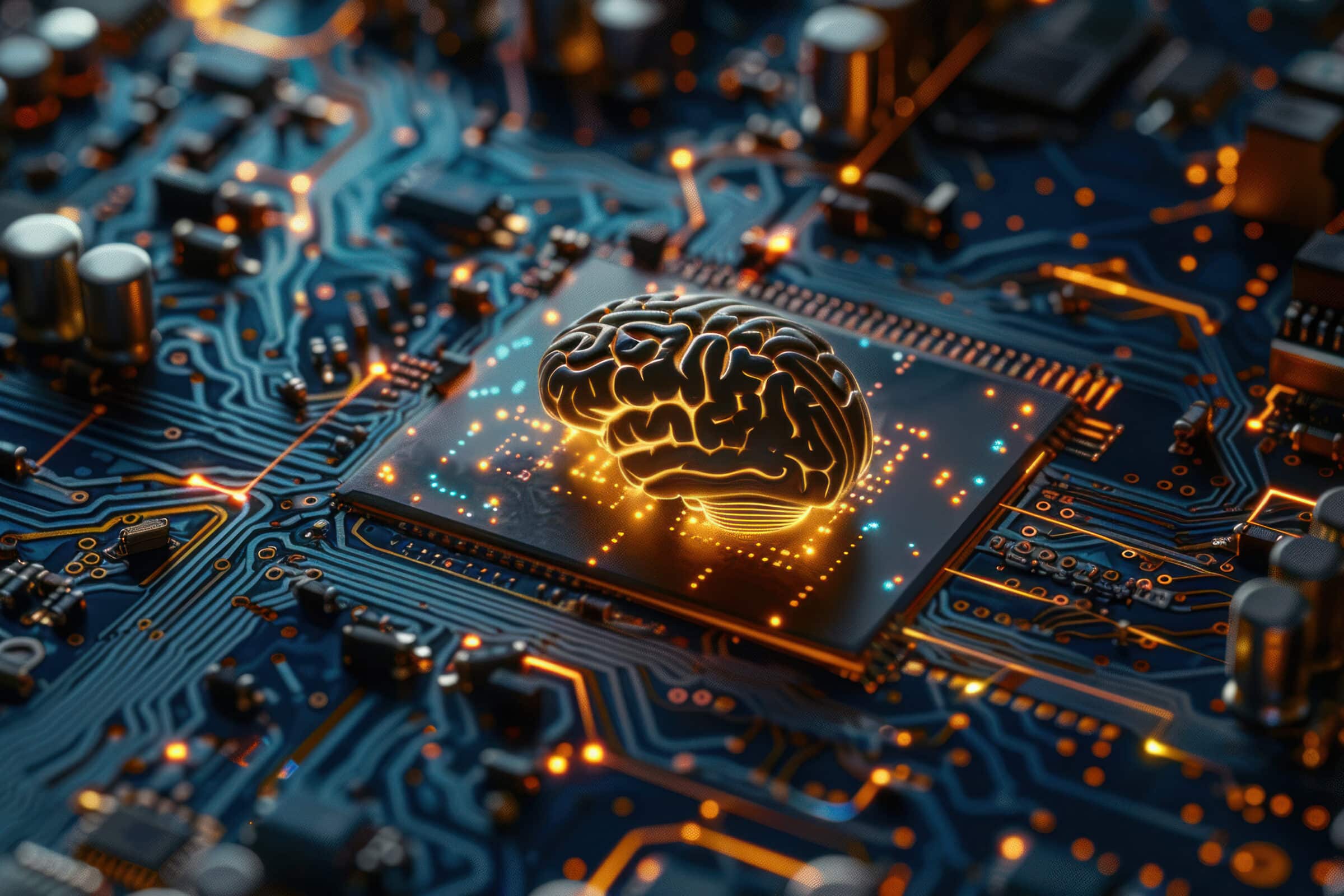 Glowing brain on computer motherboard with a central microchip, symbolizing artificial intelligence and advanced computing capabilities. AI technology
