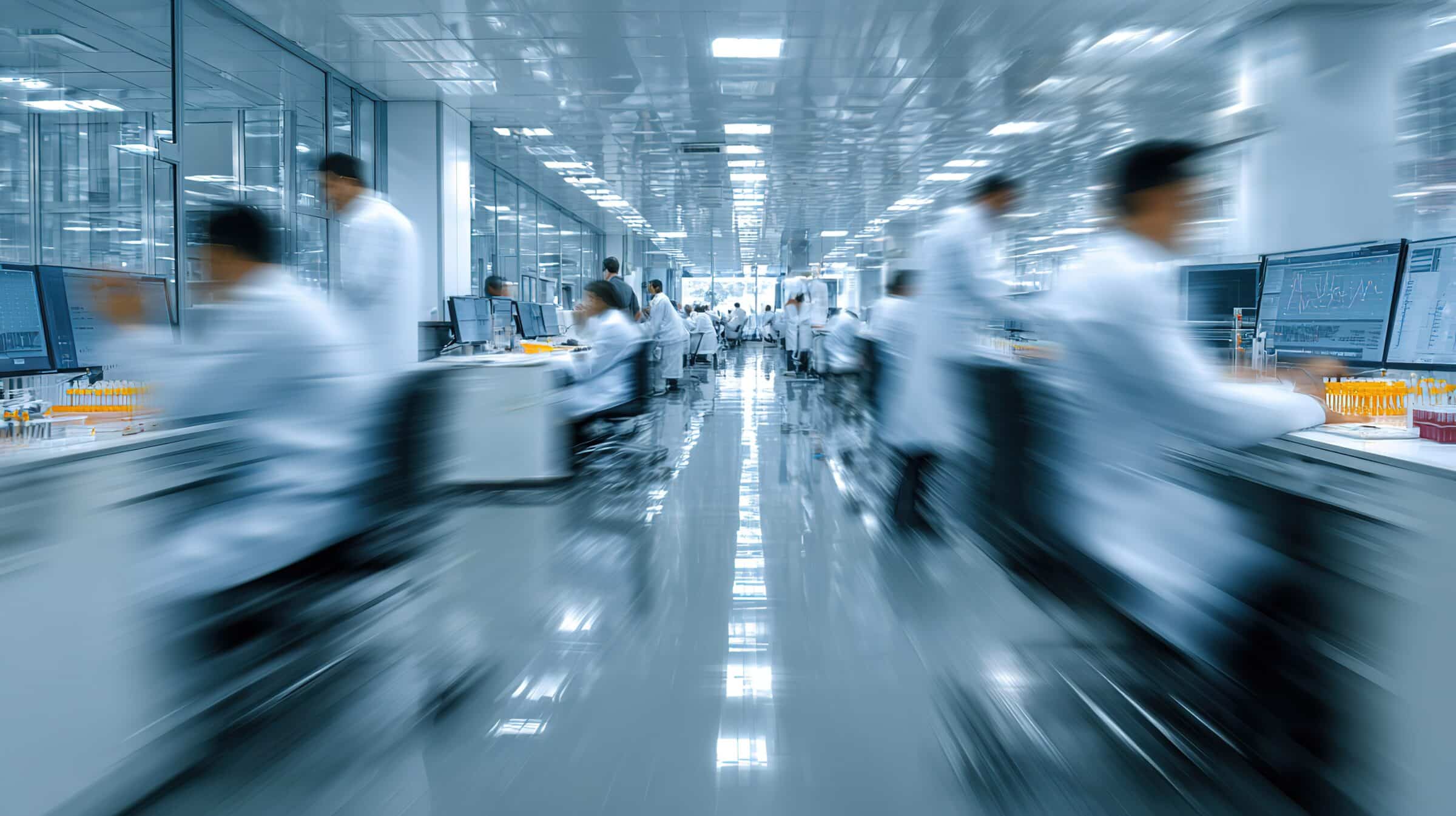Modern white laboratory interior with scientists in lab coats working on computers and test tubes, motion blur effect for dynamic research scene