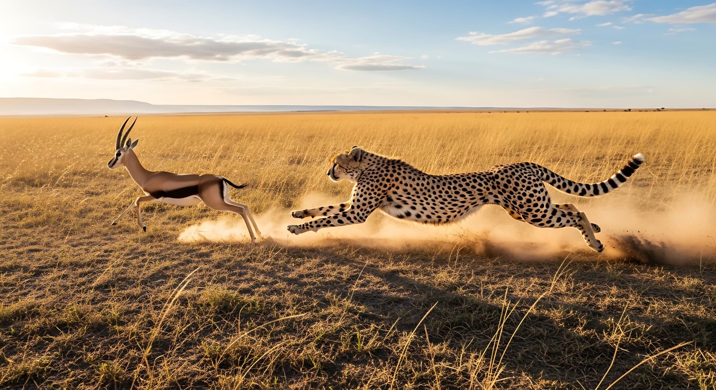 A cheetah in full pursuit of a gazelle across the African savanna during a dust-filled chase at golden hour