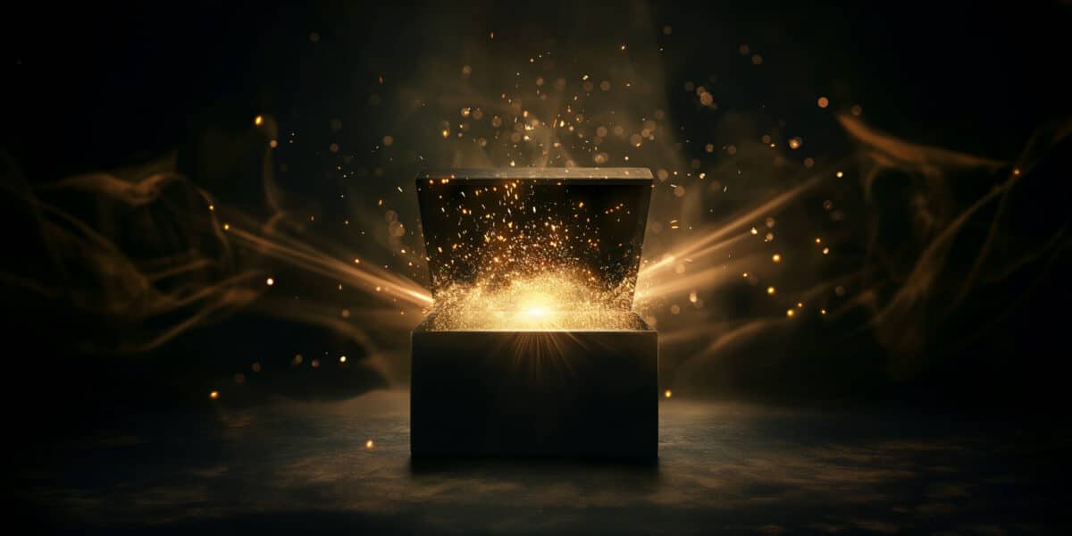 An open black box emitting a burst of glowing golden sparks and light, symbolizing mystery, magic, and surprise, perfect for a Black Friday shopping concept