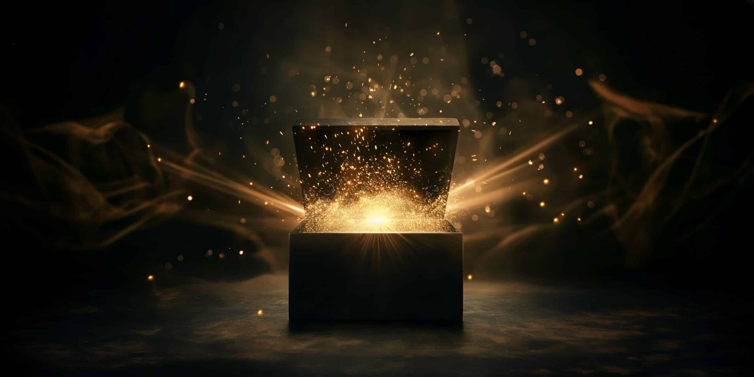 An open black box emitting a burst of glowing golden sparks and light, symbolizing mystery, magic, and surprise, perfect for a Black Friday shopping concept