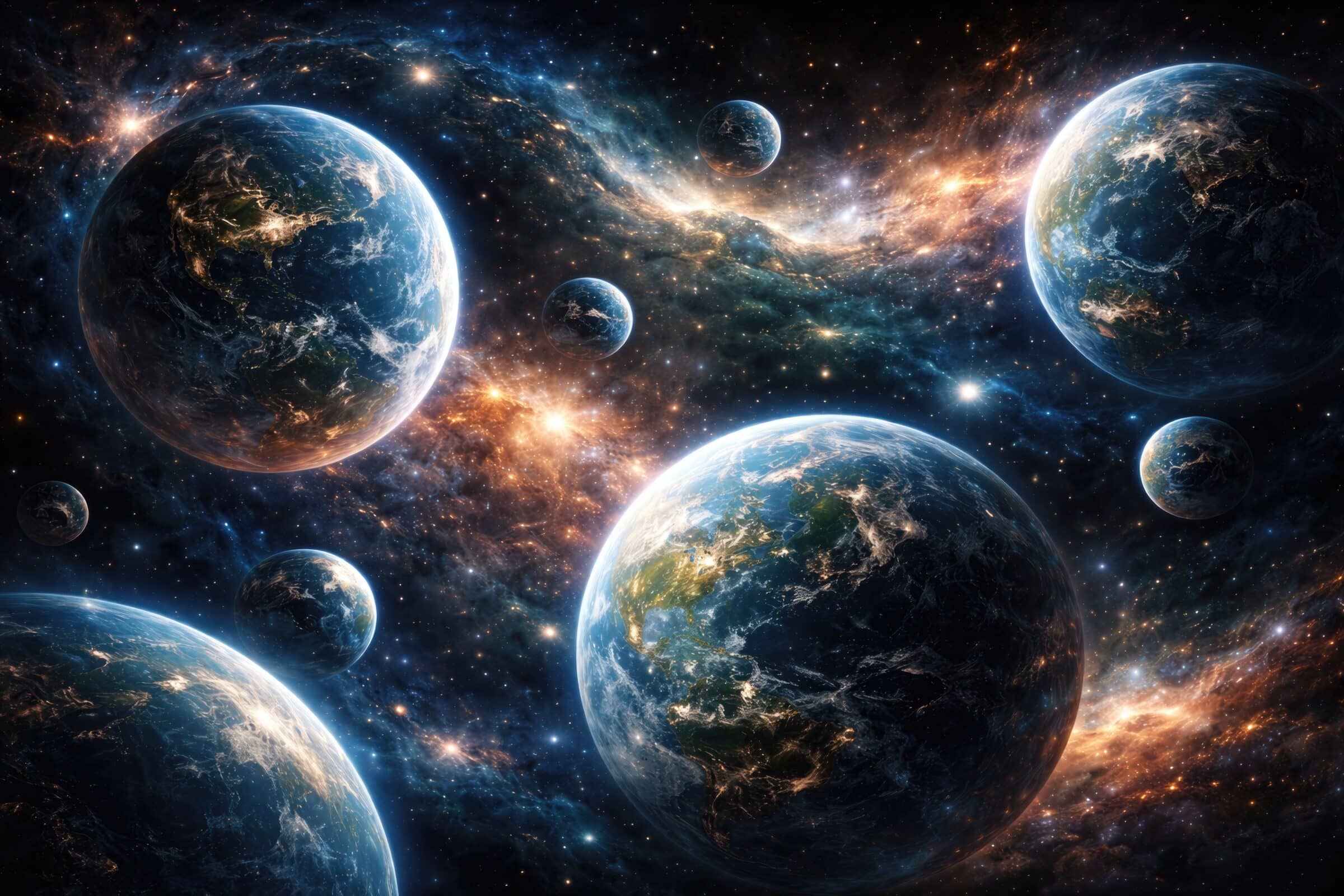 Artistic depiction of many worlds interpretation showing several Earth-like planets across parallel universes