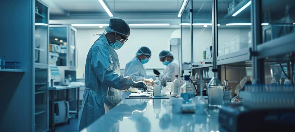 a group of scientists are working in a laboratory