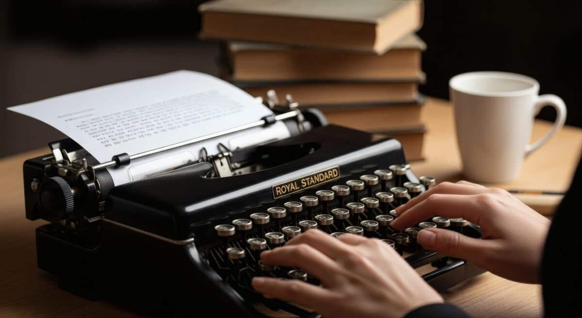 Close Up Vintage Royal Standard Typewriter with Paper and Books Still Life