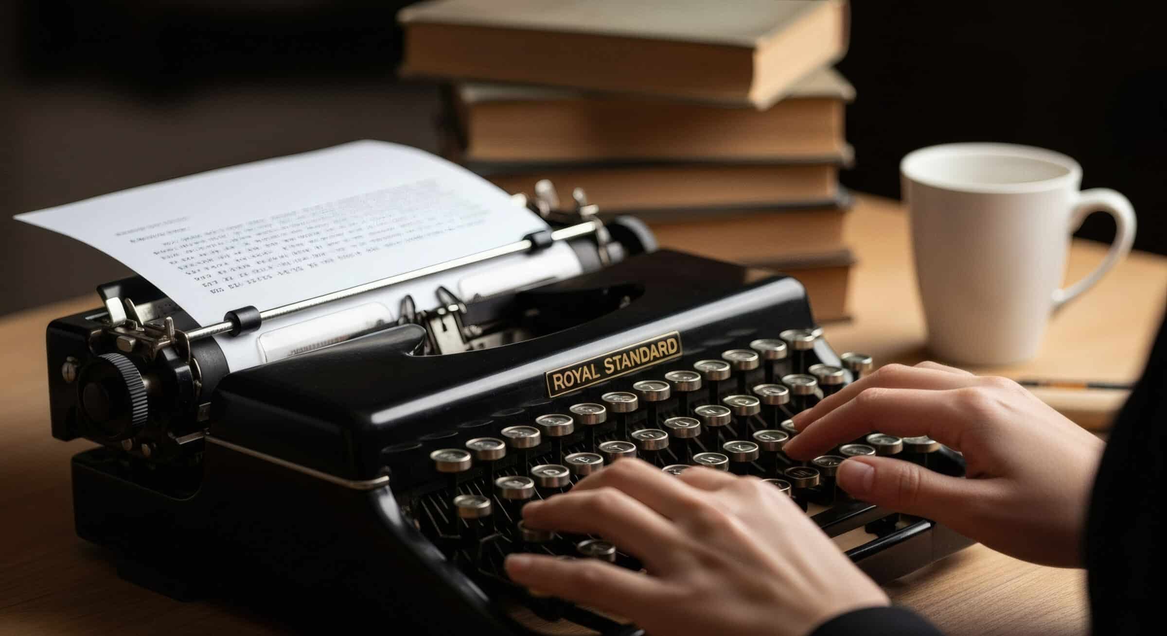 Close Up Vintage Royal Standard Typewriter with Paper and Books Still Life