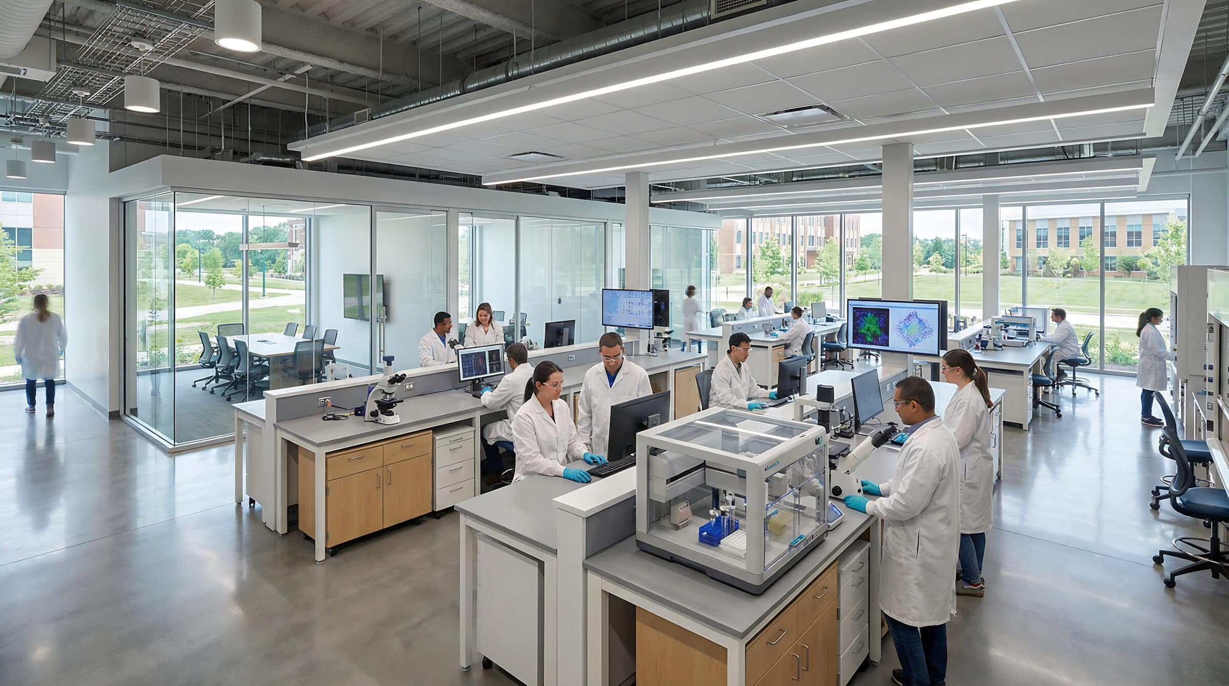 Modern open-plan science laboratory with researchers in white coats working at workstations, bright natural light, 4k, Generative AI.