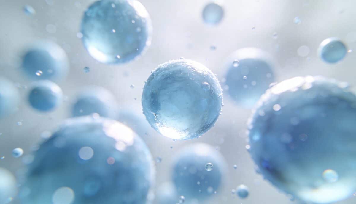 Showing centered translucent blue droplet floating in lab fluid with microdroplets particles bokeh