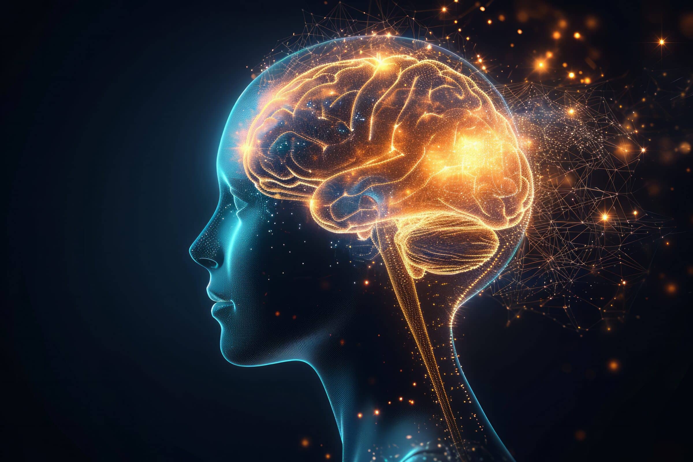 A profile of a human head with a brain illuminated by neural networks and data streams.