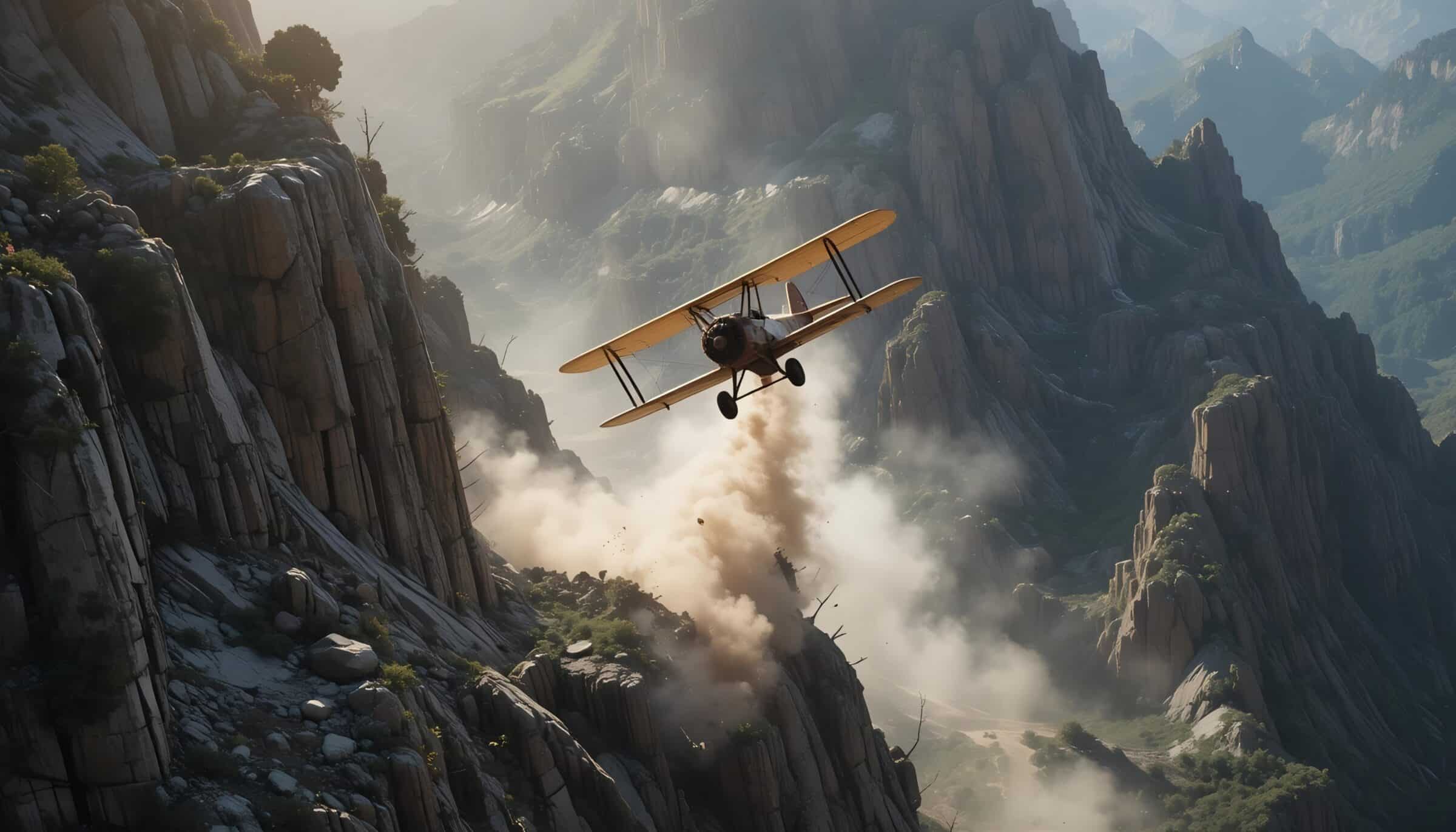 Antique biplane descending with broken wing toward rocky mountain slope, ideal for historical aviation crashes